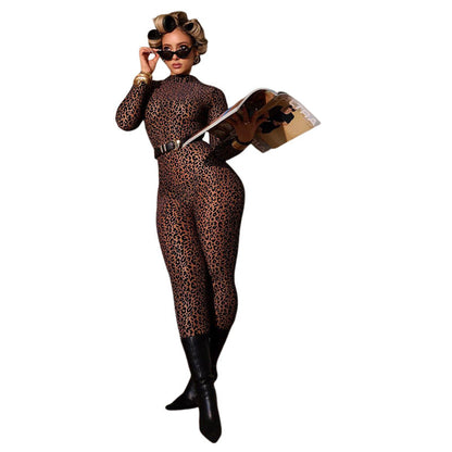 Sexy Leopard Print High-Waisted Bodysuit With Long Sleeves