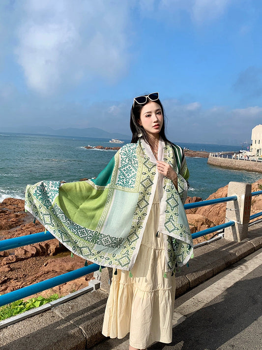 Fresh Green Ethnic Style Silk Scarf Women'S Summer Sunscreen Dual-Purpose Large Shawl Beach Towel Thin Cotton And Linen Scarf Yarn