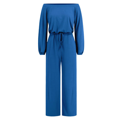 Women'S Autumn And Winter New Casual One Shoulder Long Sleeved Waist Trimming Jumpsuit With Tie Up Wide Leg Pants