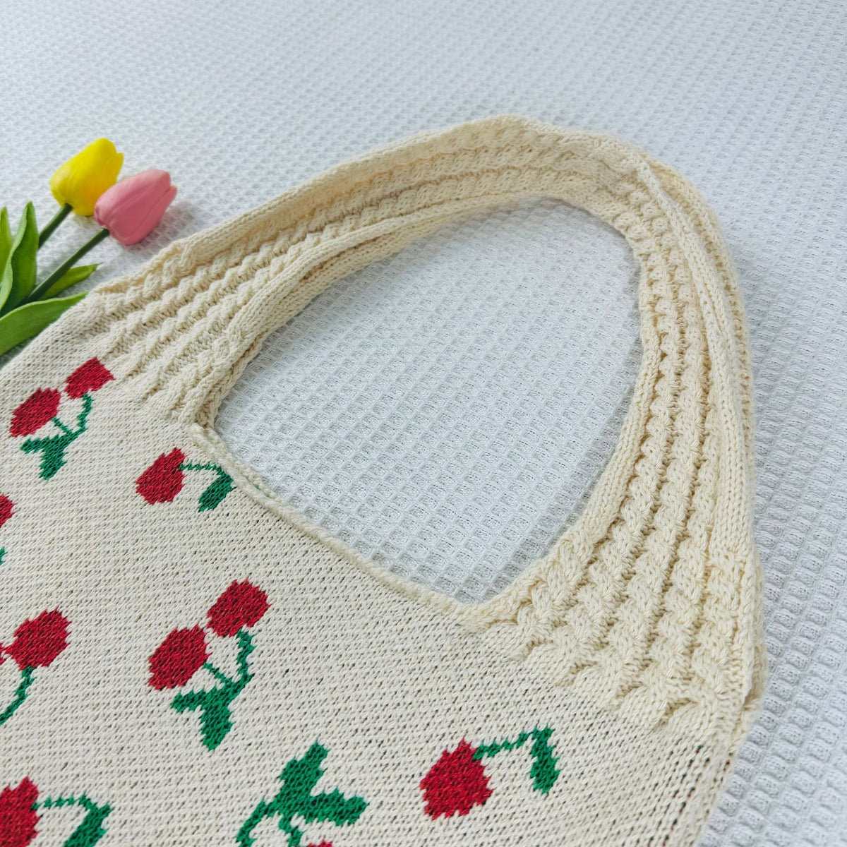 Cherry Print Cute Shoulder Bag Knit Tote Bag