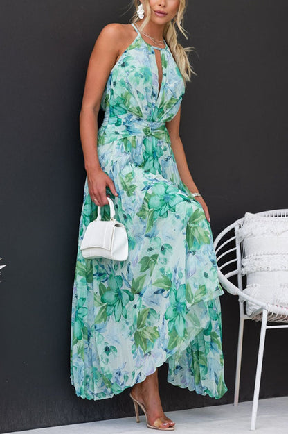 Summer Women'S Neck Hanging Sleeveless V-Neck Printed Large Swing Long Dress Dress