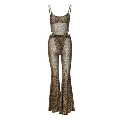 Sensual Leopard Print Bodysuit and Flared Pants Set