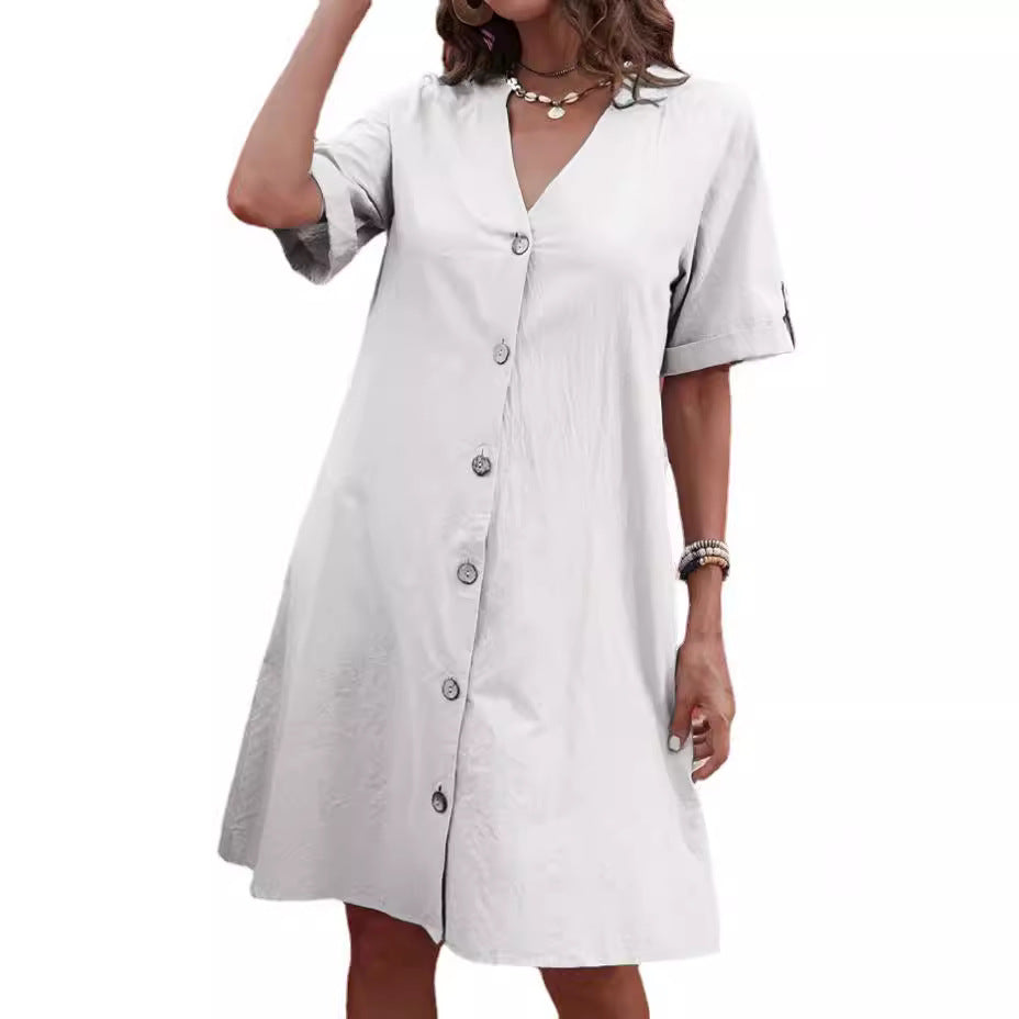 Women'S Dress Washed Cotton Short-Sleeved Medium And Long Single-Breasted V-Neck Loose Solid Color A-Shaped Dress