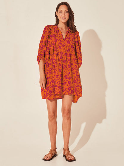 Floral Print Casual Dress with Tie Waist and Half Placket