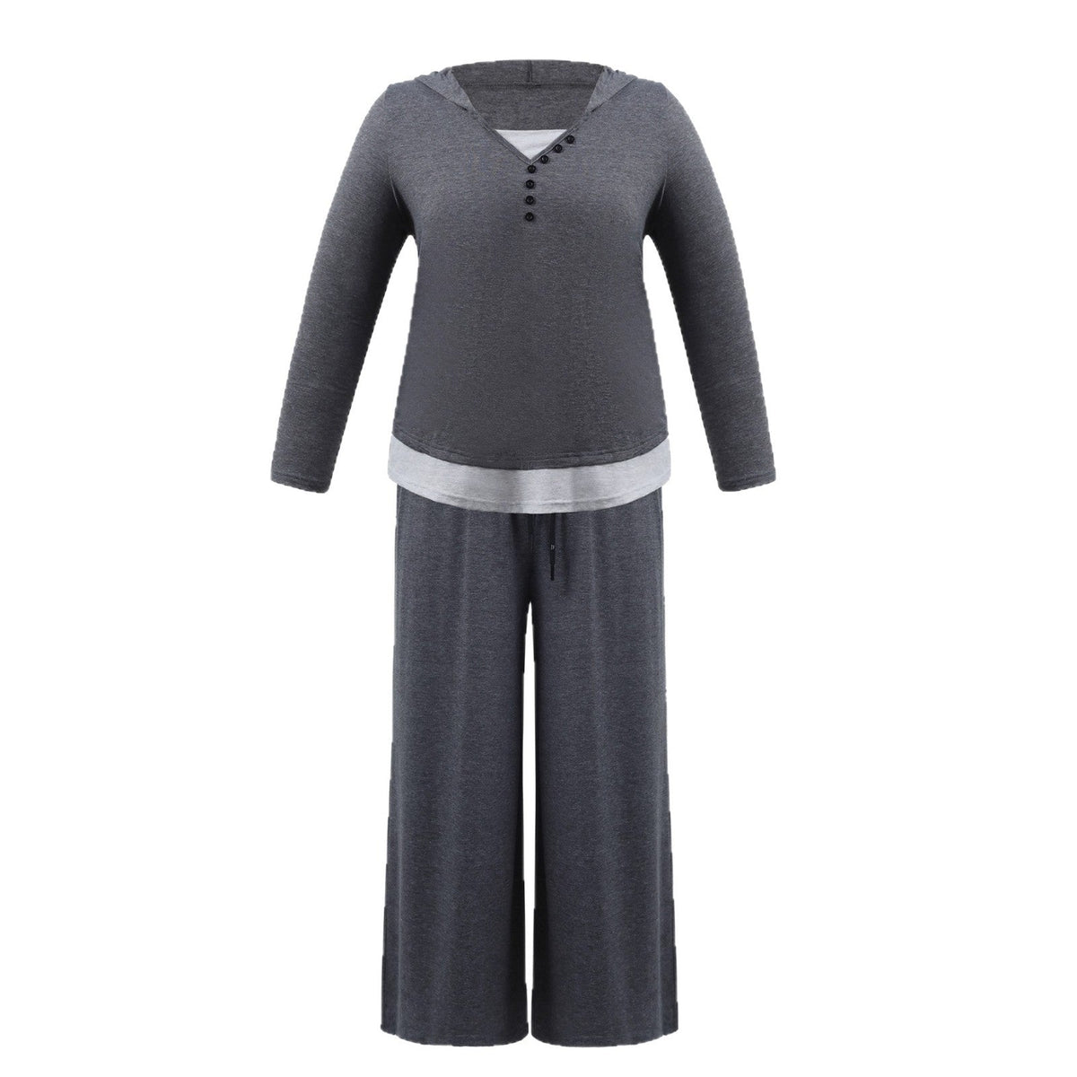 Casual Hoodie Button Top And Wide Leg Pants Set