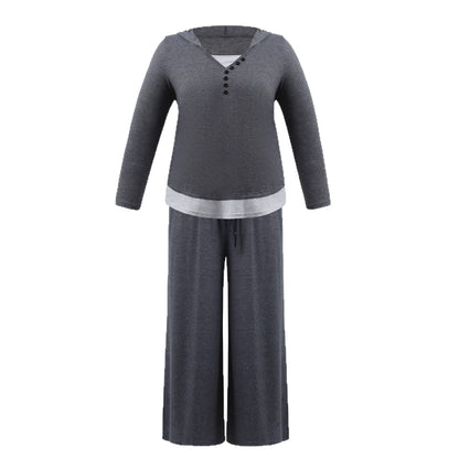 Casual Hoodie Button Top And Wide Leg Pants Set