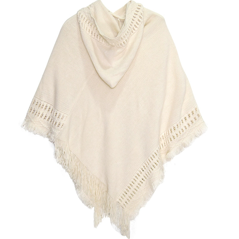 Summer Solid Color Hooded Shawl Women'S Knitting Outside With Spring And Autumn Travel Tassel Pullover Hooded Cape Shawl
