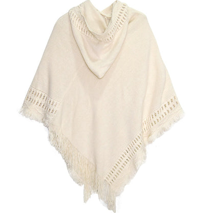 Summer Solid Color Hooded Shawl Women'S Knitting Outside With Spring And Autumn Travel Tassel Pullover Hooded Cape Shawl