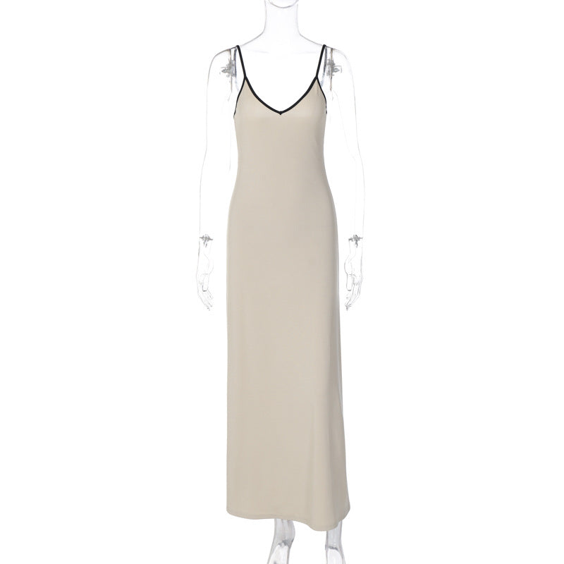 Sleeveless V-Neck Bodycon Dress with Open Back in Beige