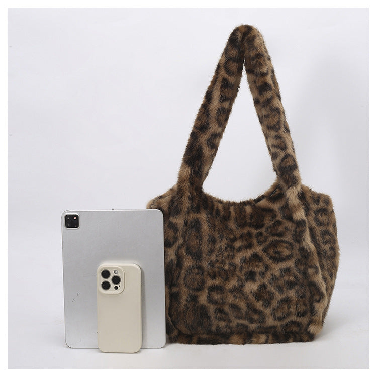 Retro Leopard Print Furry Tote Shoulder Bag
