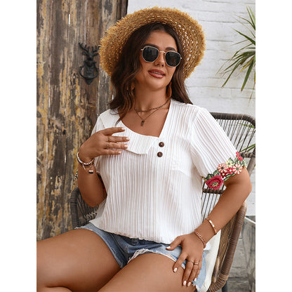 V-Neck Loose-Fit Short Sleeve Top With Embroidery