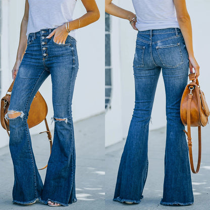 Trendy Casual High-Waisted Dark Wash Denim Flare Pants
