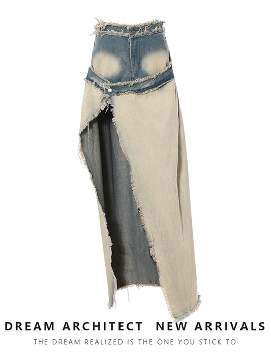 Distressed Wash Denim Split Midi Skirt Trendy Street Style