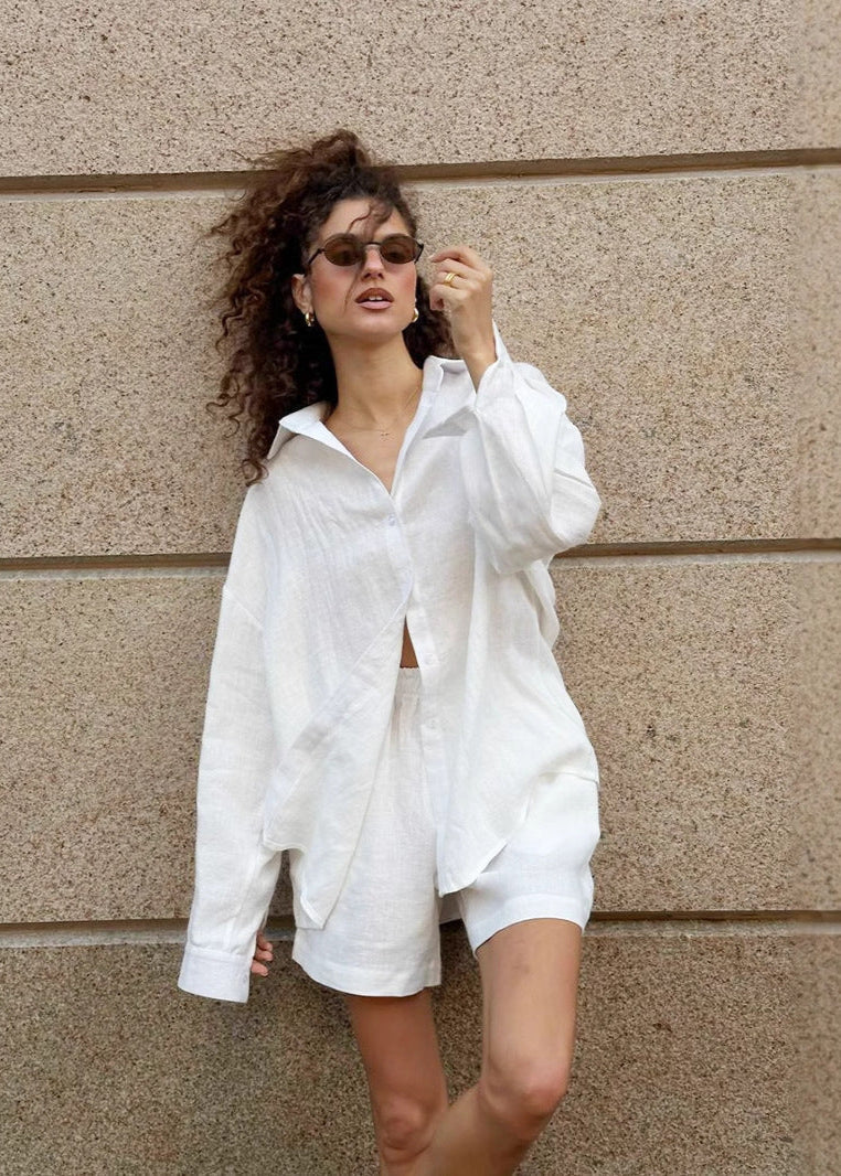White Linen Shirt And Shorts Set Lightweight