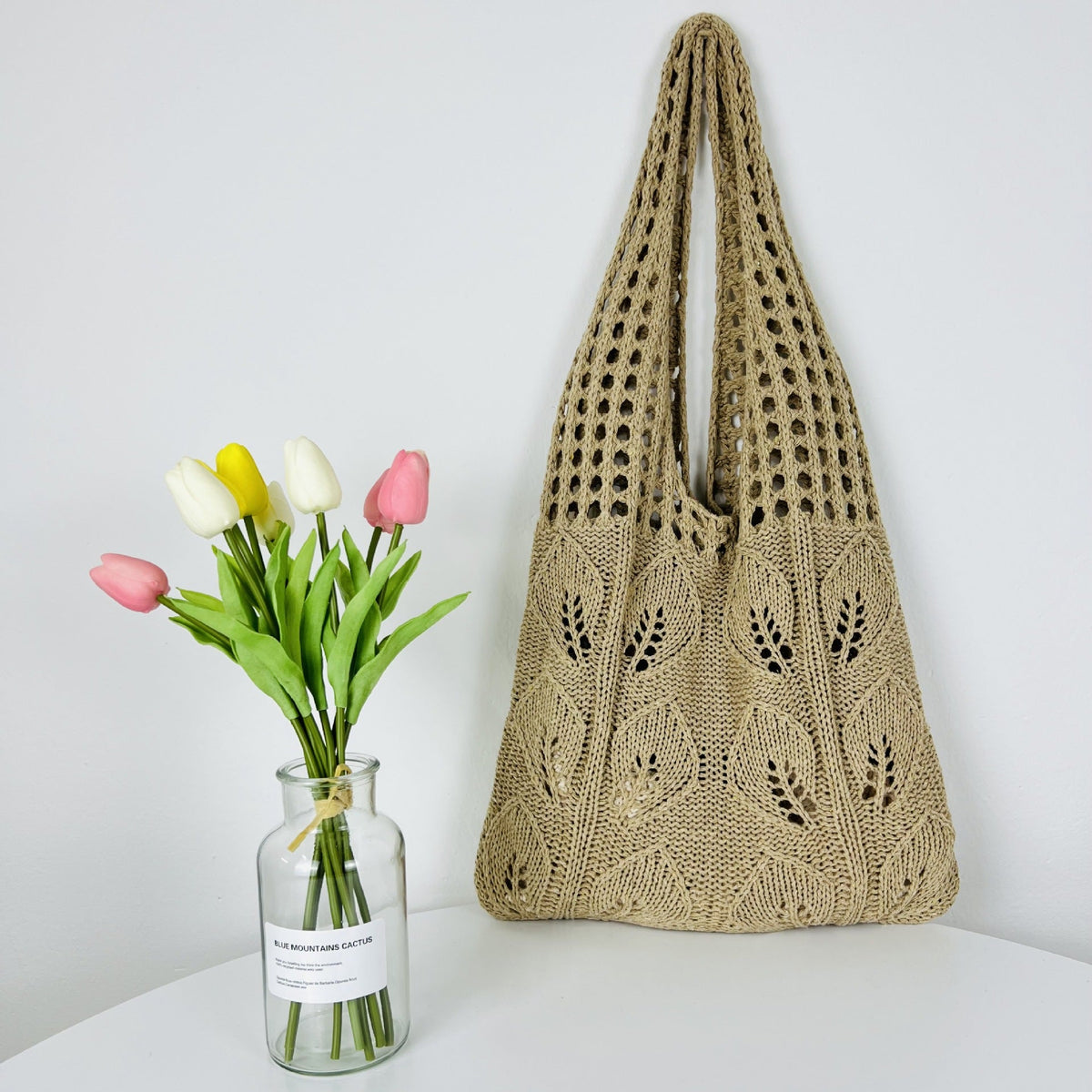 Solid Color Hollow Out Knit Shoulder Tote Bag