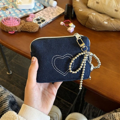 Denim Heart Embroidered Mini Coin Purse Wallets