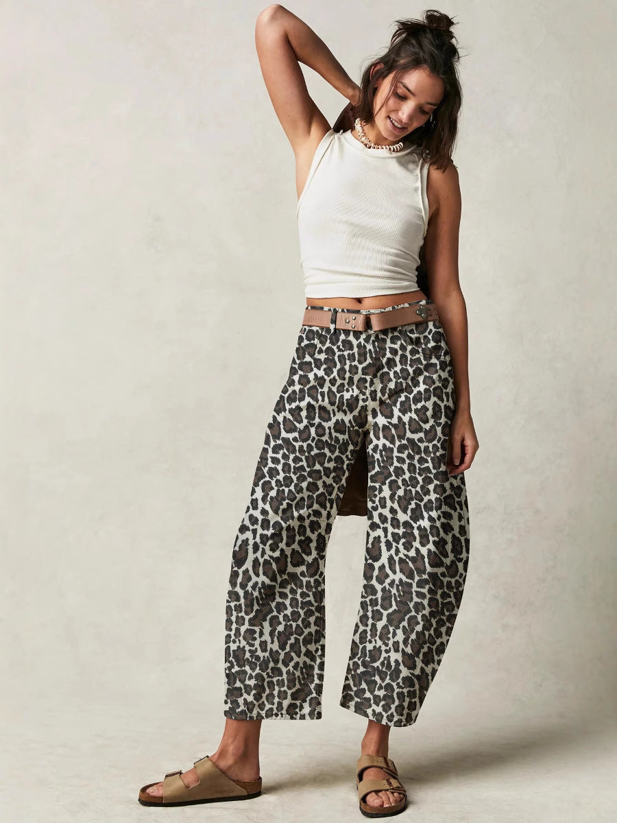Leopard Print Casual Mid-Rise Loose Women's Jeans