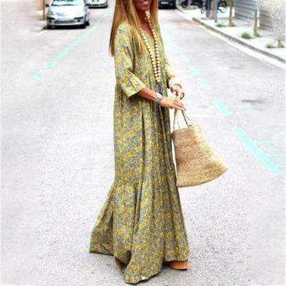 Autumn Spring New Long Sleeve Fashion Printed Bohemian Loose Fitting Dress