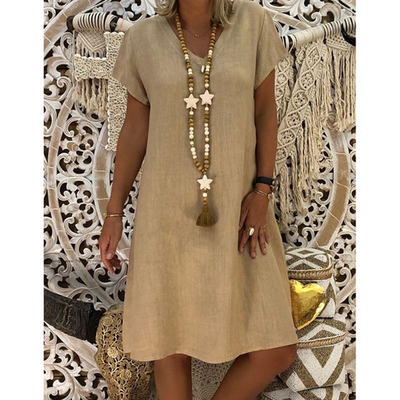 Short Sleeve Medium Skirt V-Neck Dress