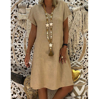 Short Sleeve Medium Skirt V-Neck Dress