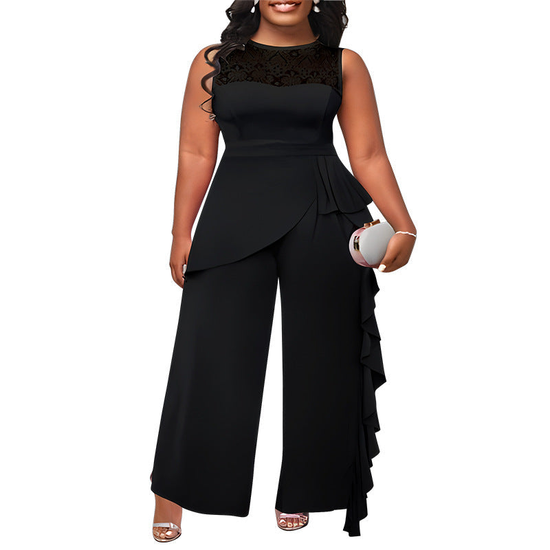 Plus Size Women'S Solid Color Lace Trim Wide Leg Jumpsuit