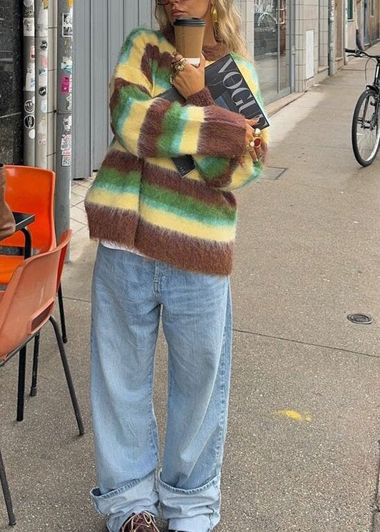 Fuzzy Wool Sweater With Vibrant Stripes