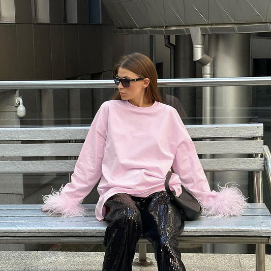 Casual Feather Detail Long Sleeve T-Shirt