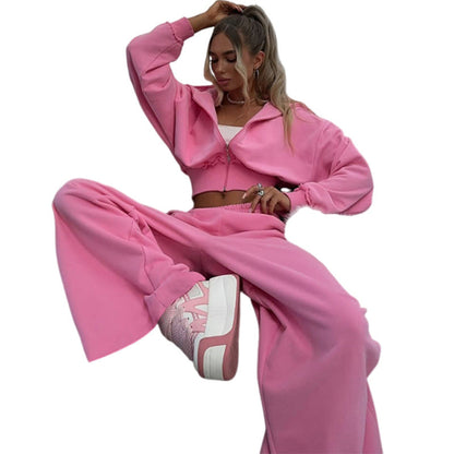Crop Hooded Jacket And High-Waisted Wide-Leg Pants Set