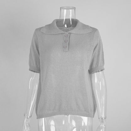 Casual Polo Knitted Short Sleeve Sweater With Puff Sleeves