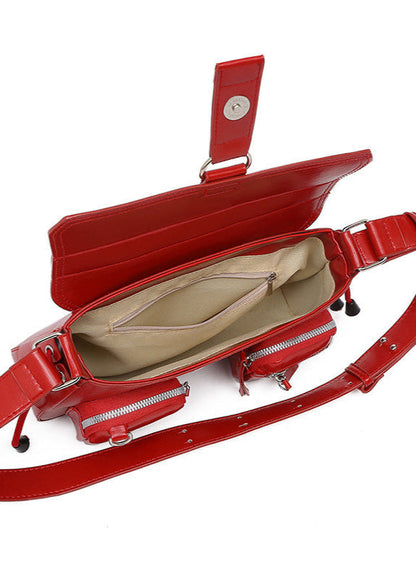 Utility Buckle Shoulder Bag Faux Leather Red