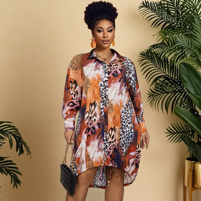 Leopard Print Polo Dress Elegant Long Sleeve Maxi Dress
