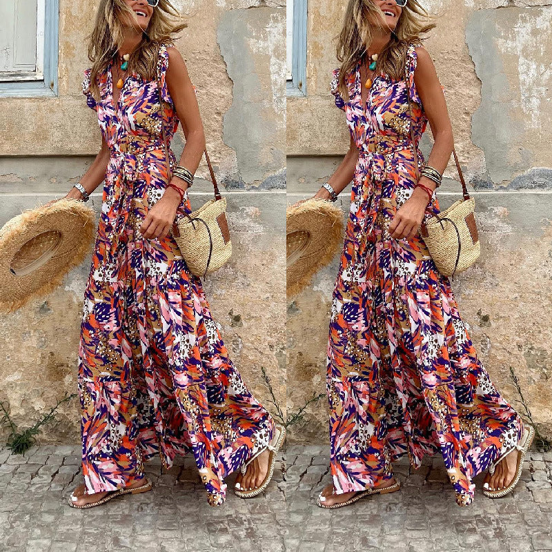 Summer Casual Women'S Print Maxi Dress Sleeveless V-Neck Swing Dress