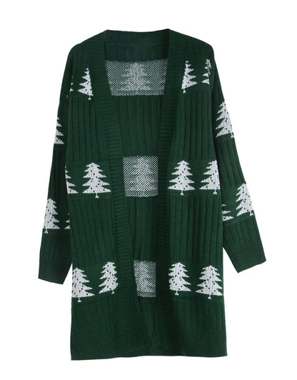 Trendy Embroidery Christmas Tree Knit Long Cardigan