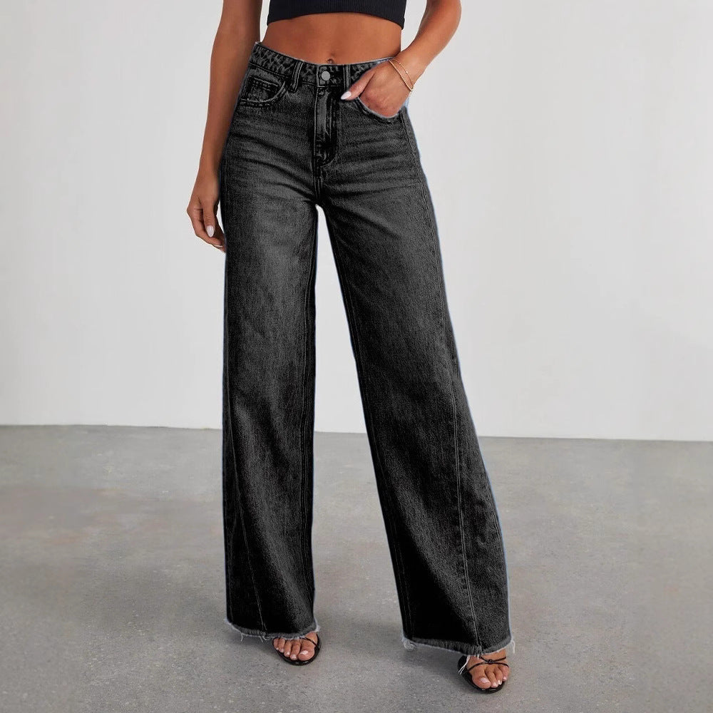 Wide-Legged Distressed Denim Pants with Side Paneling for Women