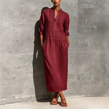 Linen Stand Collar Split V 3/4 Sleeve Drop Pocket Midi Dress