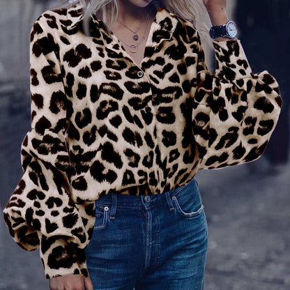 Autumn Winter New Leopard Print Shirt Female Fashion Casual Lapel Bubble Sleeve Top