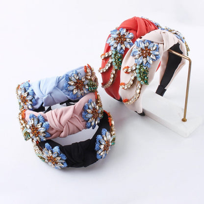 Stylish Hand-Stitched Embroidered Flowers Fabric Headband Personality Creative Diamond-Encrusted Knotted Headband For Women
