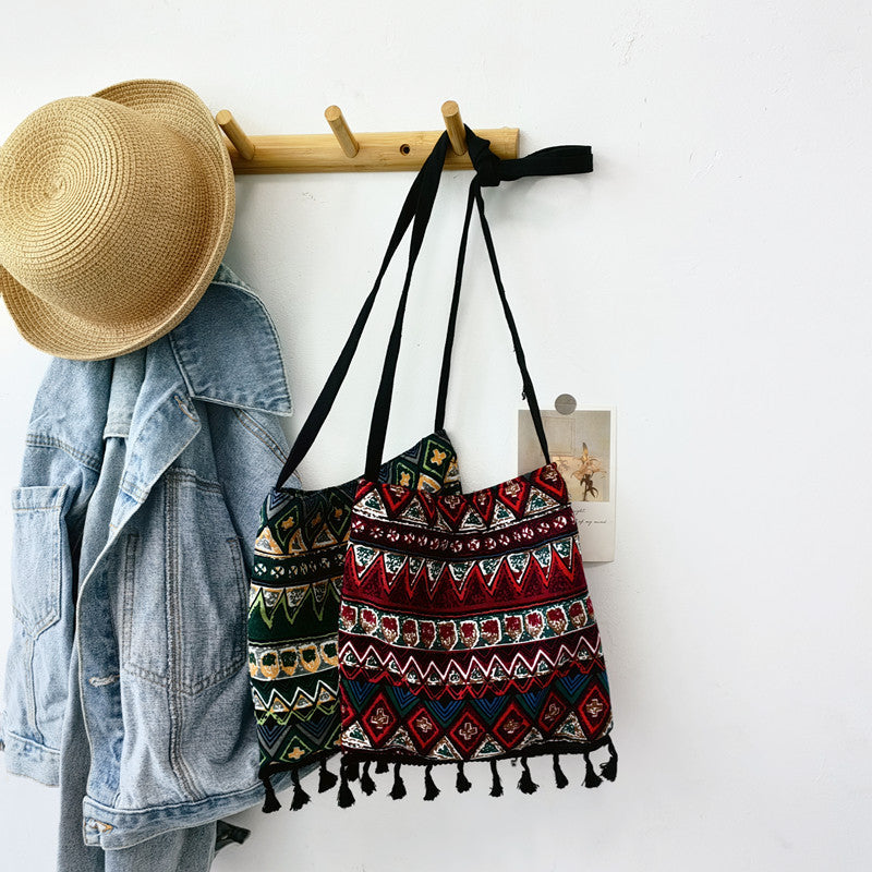 Original Ethnic Style Single Shoulder Bag With Tassel Retro Art Cross Shoulder Bag With Bohemian Style Fabric Bag