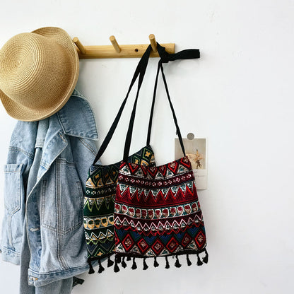 Original Ethnic Style Single Shoulder Bag With Tassel Retro Art Cross Shoulder Bag With Bohemian Style Fabric Bag