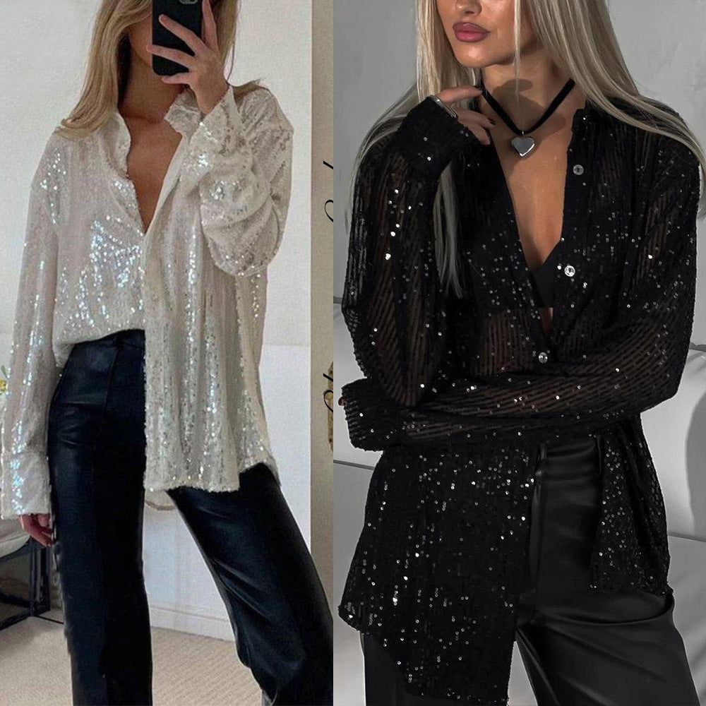 Sequin Collared Long Sleeve Shirt For Women