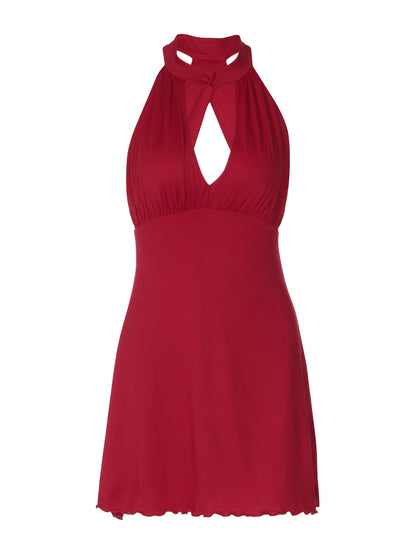 Sexy Backless Halter Dress with Buttons and Ruffled Hem