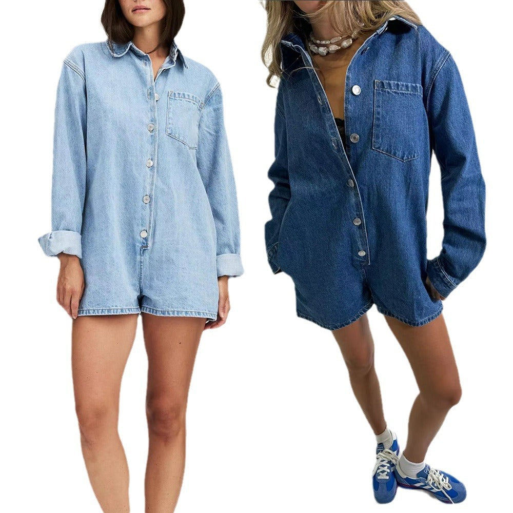 Trendy Denim Overalls with Pocket Casual Short Sleeve