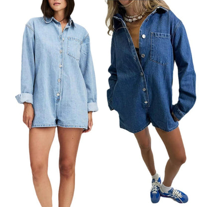 Trendy Denim Overalls with Pocket Casual Short Sleeve