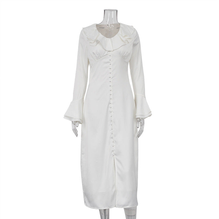 French Style Ruffled V Neck Long Sleeve Dress