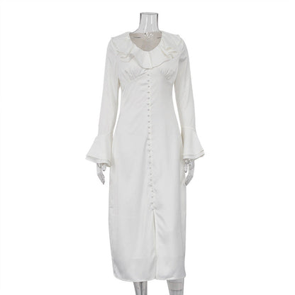 French Style Ruffled V Neck Long Sleeve Dress