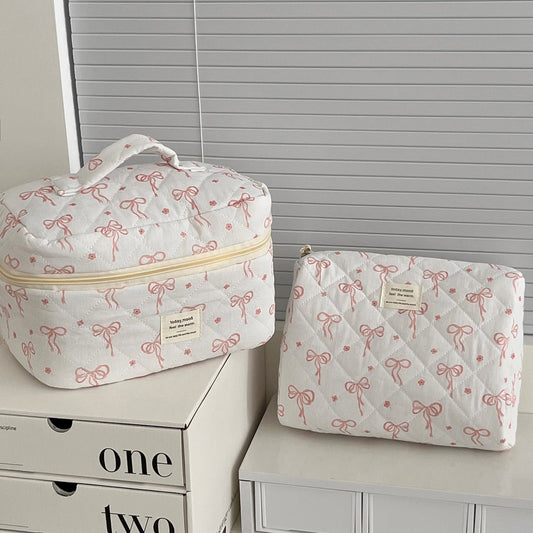 Pink Bow Print Sweet Portable Make Up Bag