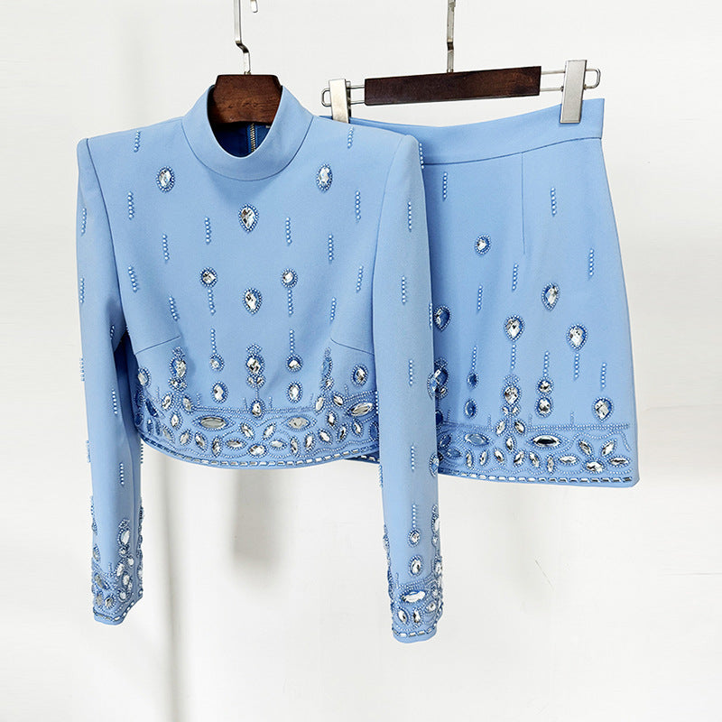 Beaded Short Sleeve Top And Skirt Set