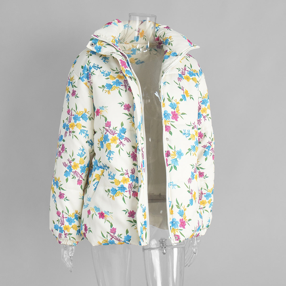 Floral Print Stand Collar Zipper Cotton Padded Jacket