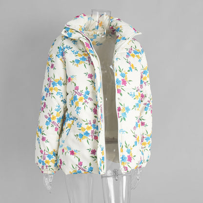 Floral Print Stand Collar Zipper Cotton Padded Jacket