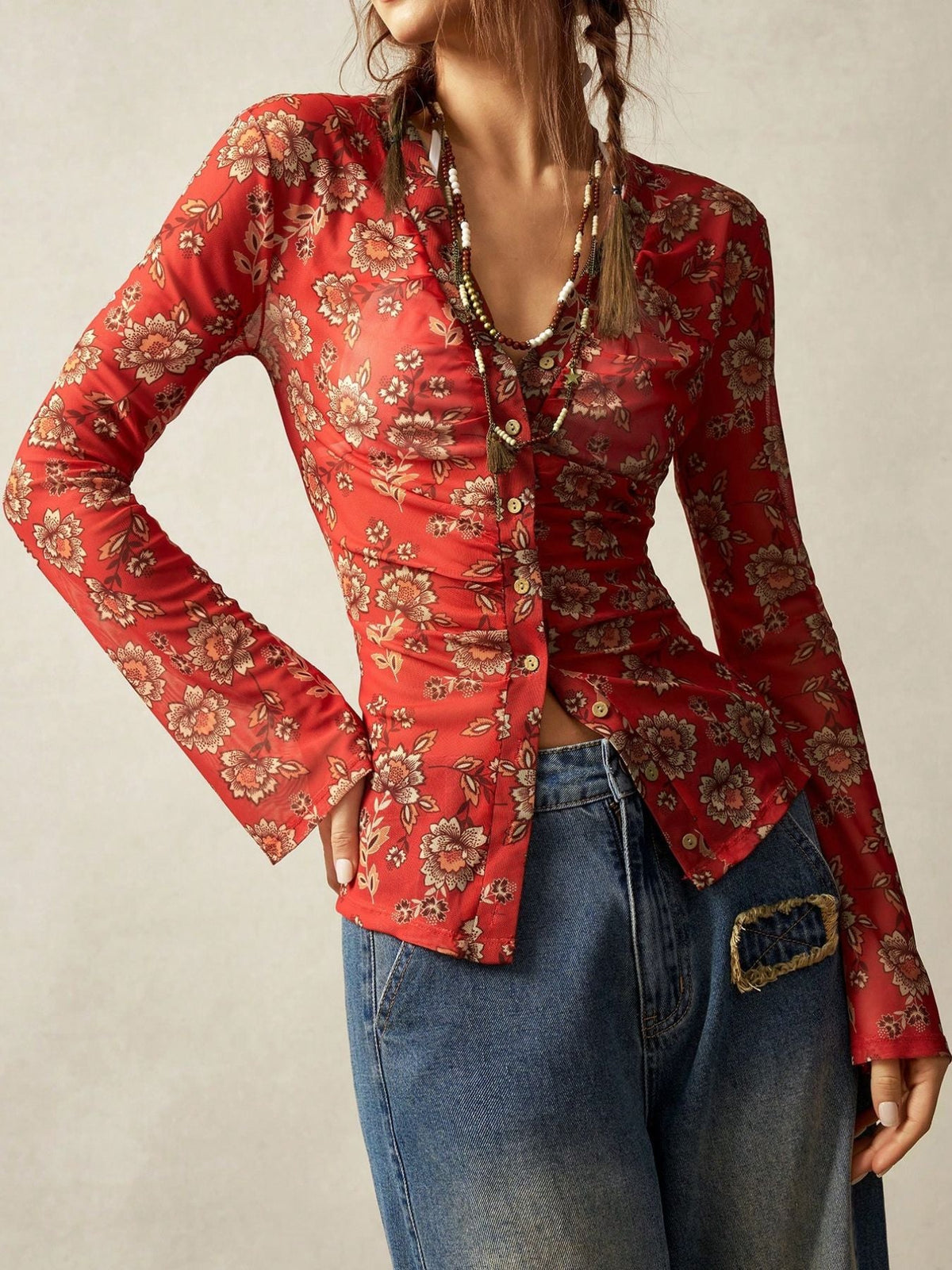 Elegant Floral Print V- Neck Long Sleeve Blouse